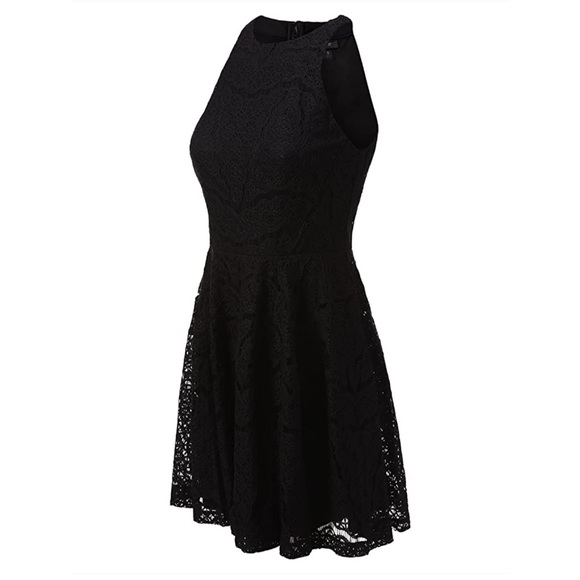 Black Lace Knee Length High Neck Dress - Picture 3 of 9
